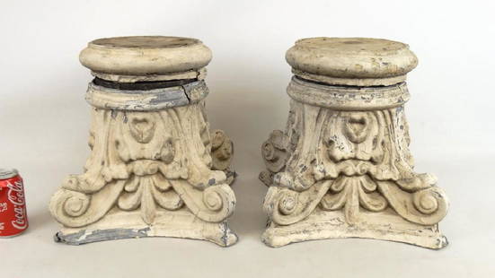 Pair Of Zinc Capitols: Pair of 19th c. zinc and wood capitals. 13" x 13" x 14" Ht..