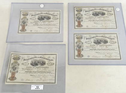 Civil War Stock Certificates: Lot (4) C. 1864 Philadelphia oil and manufacturing Stock Certificates.