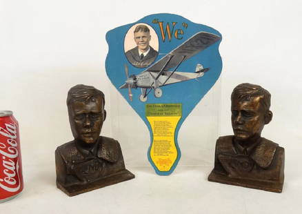 Charles Lindbergh Lot: C. 1927-28 Charles Lindbergh lot including pair of bookends marked "Verona" (6" Ht.), and and advertising Lindy fan from Penna..