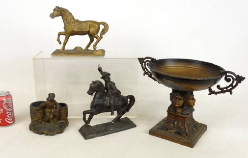 Misc. Lot: Misc. lot including C. 1890's Native American compote (14" D., 9 1/2" Ht.), Pilgrim match holder and Buffalo Bill on horse clock topper. C. 1885-1900, horse clock topper.