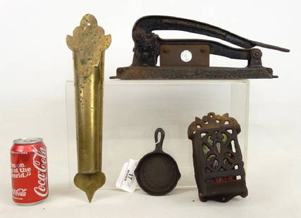 Misc. Lot: Misc. lot of (3) items including brass match holder, "The Brunhoff MFG. Co. Co.", cast iron wall match holder and advertising iron skillet pan.