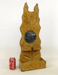 Tramp Art Wallbox: 19th c. mirrored tramp art wallbox. Early yellow paint. 10 1/2" x 5" x 27" Ht..