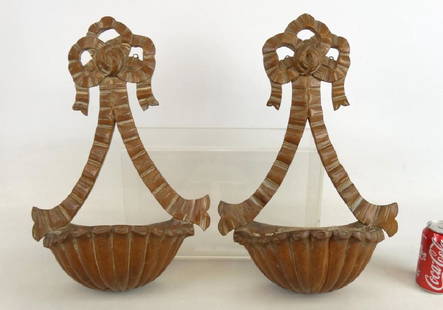 Pair Hanging Wall Pockets: Pair of 19th c. carved pine bow top wall pockets with original zinc liners. 19 1/2" Ht..