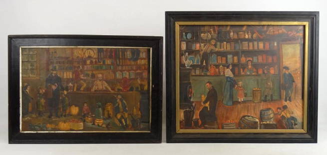 American School, General Store Scenes: American School, two General Store scenes, oil on canvas, C. 1920's. 21" x 25" and 15" x 23".