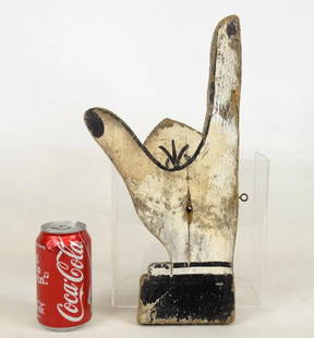 Pointing Hand Sign: 19th c. pine wooden double sided pointing hand sign. 15" x 7 1/2".