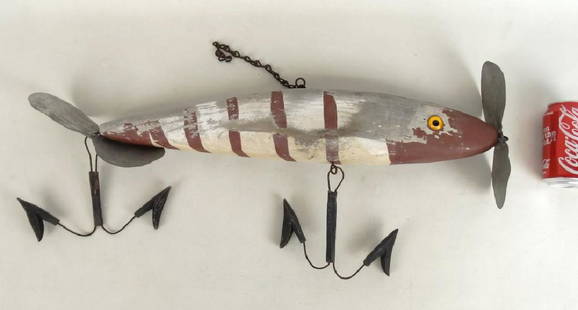 Fishing Lure Trade Sign: Early 20th c. wooden painted fishing lure trade sign. 23 1/2" L..