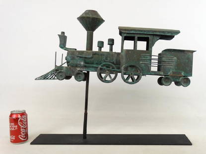 Locomotive Weathervane: Locomotive weathervane. Verdigris patina. Stand included. 24" L., 11" Ht..