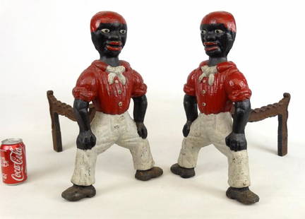 Pair Sailor Andirons: Pair of cast iron sailor andirons. 19" Ht., 16 1/2" D..