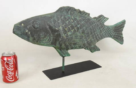 Cod Fish Weathervane: Cod fish weathervane in verdigris patina. Stand included. 25" x 12".