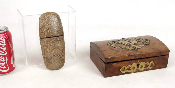 19th c. Card Box & Shark Skin Case: 19th c. brass and burl wood card box. 8" x 5" x 2 3/4" Ht., along with shark skin case (6 1/2" L.).