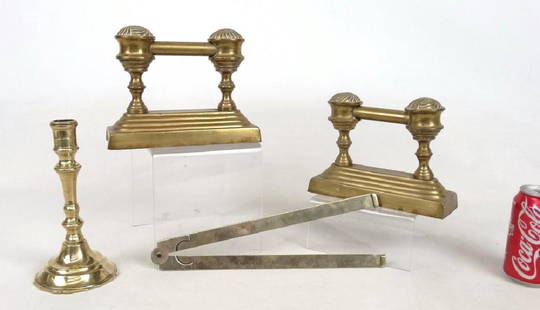 Brass Lot: Lot including pair brass Chenets (8" L., 6" Ht.), 18th c. candlestick (8" Ht.), and early brass ruler (12" L. folded).