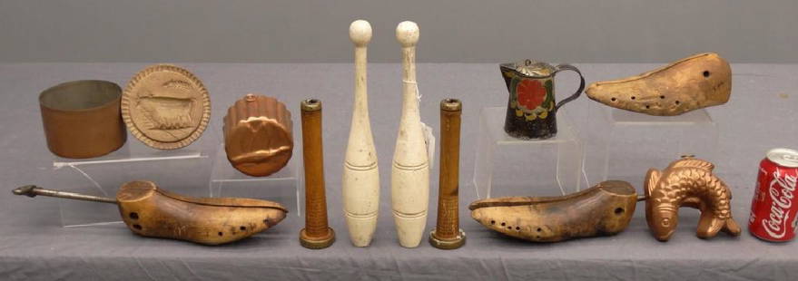 Misc. Lot: Misc. lot including shoe forms, toleware pot, carved mold, (2) pins, brass molds etc..