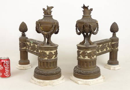 Pair 19th c. Chenet's: Pair of 19th c. bronze and marble Chenet's. 16" L., 17" Ht..