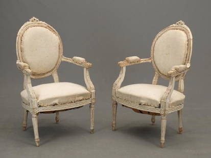 Pair Of French Carved Chairs: Pair of French carved and upholstered chairs., 16" seat Ht., 37 1/2" overall Ht..