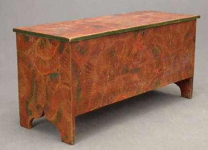 19th c. Paint Decorated Blanket Box: 19th c. bootjack base paint decorated blanket box. 49 1/2" x 18" x 23" Ht..