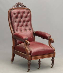 19th c. Reclining Chair: Scarce 19th c. mahogany reclining chair with foot rest. Possibly English. Chair has mechanical mechanism to adjust back. Attached pull out foot rest. 49 1/2" Ht., 34"D., 24" W., 17" seat Ht..