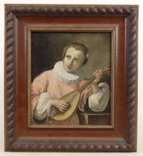 Continental School, Lute Player: Early Continental School, lute player, canvas laid down on plexiglass. 11 1/2" x 10".