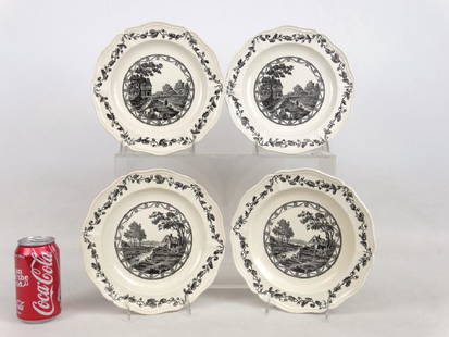 Wedgwood Plates: Lot (2) pairs of C. 1900's English Wedgwood plates. Black transfer decoration. 9" D..