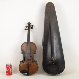 Violin In Case: Early violin with wooden case. Two piece tiger maple back. Has a Stradivarius label with a date 1711. Old finish with some imperfections. Tight sound board crack. Violin 23 1/2" L..