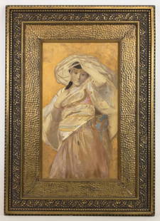 Orientalist School, Portrait Of A Dancer: Orientalist School, portrait of a dancer, mixed media portrait of an exotic Eastern dancer. Possibly original frame. Sight size 21" x 12".