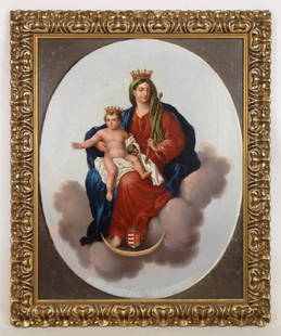 Continental School, Madonna And Child: Continental School, possibly Hungarian, Madonna and Child, oil on canvas in gold leaf frame. Titled at bottom "MAGYARORSZAG VEDASZONYA". Image size 26 1/2" x 20 3/4", frame size 32 3/4" x 25 1/2".