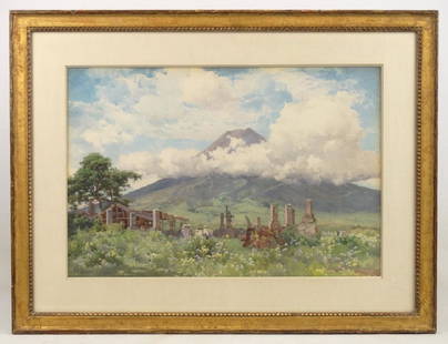 Alfred Parsons (1847-1920): Alfred Parsons (England/New York 1847-1920), Mount Fuji, watercolor. Sight size 13 1/2" x 20 1/2". Parsons was a member of The American Art Association, The Royal Institute of Painters in