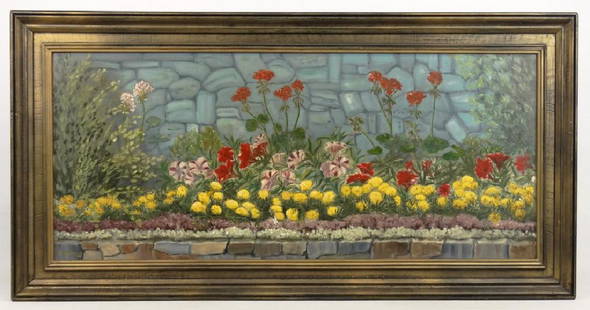 George Rosenbeck (American 20th Century): George Rosenbeck (American 20th Century),"Ginnies Garden, GKR 1966". Oil on panel Silvered frame. 16" x 36". Signed front and back.