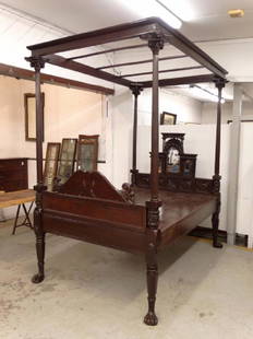 Palace Sized Mahogany Bed: Palace sized mahogany bed. Comes apart for transport. 92" x 62" x 9' 1" Ht.. Side has drawers.