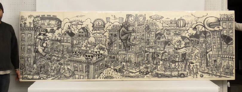 James Grashow (b. 1942): James Grashow (b. 1942), monumental woodblock print. Intricate cityscape. 39" x 10'.