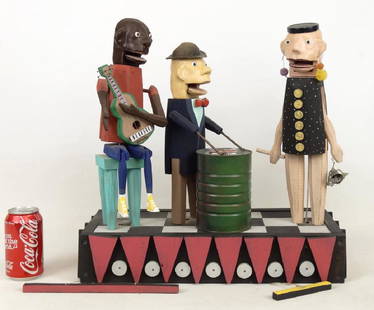 Contemporary Folk Art Band Shelf: Contemporary folk art, multi media band wall shelf. Note figures move when strings are pulled. 18 1/2" x 9" x 19".