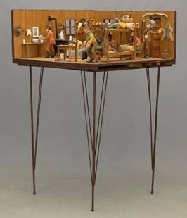 Bud Odell (1920-1993): Bud Odell (1920-1993), cowboys bunkhouse, diorama. 32" x 31 1/2" x 15" Ht., on custom base (37" Ht.).