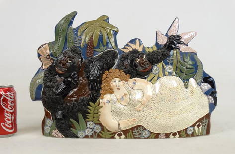 "CARRYL" Ceramic Sculpture: Ceramic sculpture marked "CARRYL", reclining woman with gorillas. 18" W., 13" Ht..