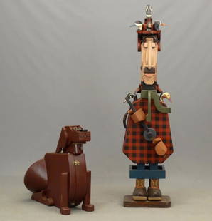 Penny Weinstein (American 20th Century): Penny Weinstein (American 20th Century), hunter and dog made from viola case and suitcase. Dog 27" Ht., figure 64" Ht..