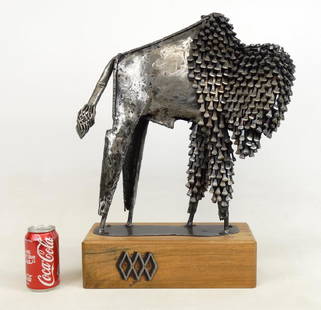 William Drum "TALL BULL": William Drum "TALL BULL". Nail sculpture on wooden base. 16" x 6" x 22" Ht..