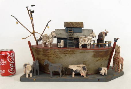 Noah's Ark: Contemporary folk art polychrome painted wooden Noah's Ark with (8) loose animals. Boat 19" L.. One horses head re glued. Imperfections and or repairs.