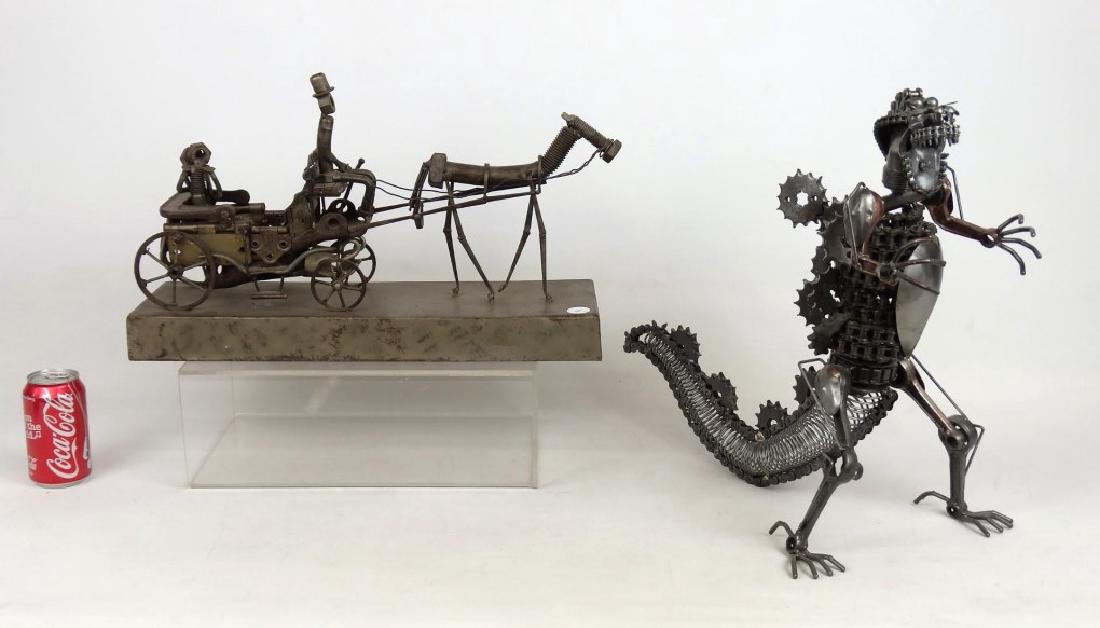 Metal Sculptures: Lot including tyrannosaurus metal found objects sculpture (17 1/2" Ht.), and nuts and bolts horse and carriage sculpture (20" x 6" x 12" Ht.).