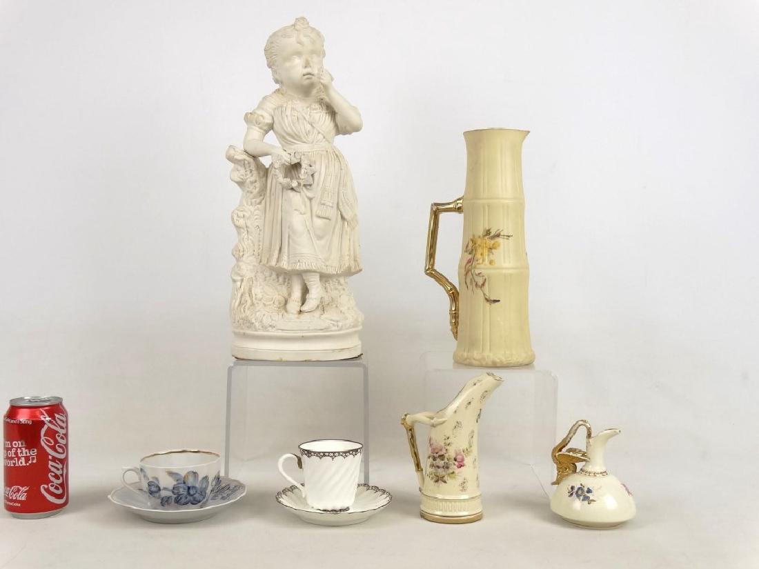 Parian Figure "SPRING" & Misc. China: Parian figure "SPRING". 16 1/2" Ht.. Head glued and reattached, along with (2) cups and saucers, (3) pitchers, imperfections.