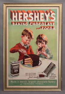 1934 Hershey's Poster: Original 1934 poster "HERSHEY'S BAKING CHOCOLATE and COCOA...". Marked LLC "1934 BY HERSHEY CHOCOLATE CORP.". Sight 45" x 29 1/2'.