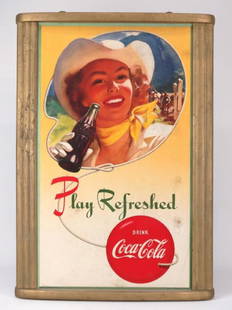 Coca Cola Advertising Poster: Vintage cardboard two sided wood framed Coca Cola poster. Frame overall 19 1/2" x 28 1/2".