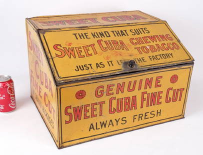 "SWEET CUBA" Advertising Tobacco Tin: Early tobacco advertising tin "SWEET CUBA". 18" x 14 1/2" x 12" Ht..