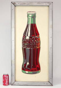 Tin Coca Cola Sign: Vintage enameled tin Coca Cola sign. Marked on bottom "MADE IN U.S.A/ROBERTSON-DUALIFE-SPRINGFIELD, OHIO/7-41". Framed in wood. Frame overall 35 1/2" x 17 1/2".