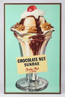 Vintage Country Club Ice Cream Sign: Vintage advertising sign "CHOCOLATE NUT SUNDAE/Country Club ICE CREAM". 25 1/2" x 16".