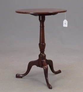 18th c. Tilt Top Candlestand: 18th c. mahogany snake leg tilt top candlestand. Top 18 1/2" D., 27" Ht. (closed). One leg repaired, has small piece of wood missing.