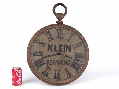 19th c. Clock Trade Sign: 19th c. wooden painted two sided clock trade sign "KLEIN REPAIRING". 17" D., 22 1/2" Ht..