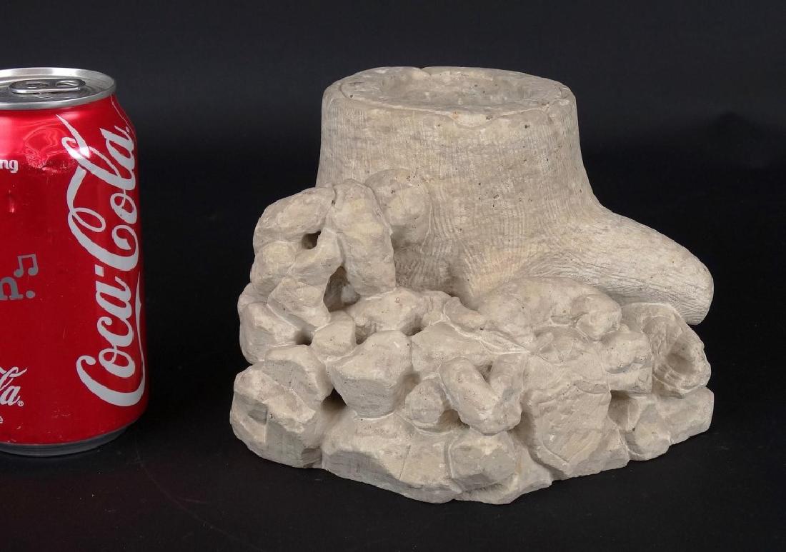 Limestone Match Holder: Carved limestone match holder with dogs shield and snake. 6" x 6 3/4" x 5".