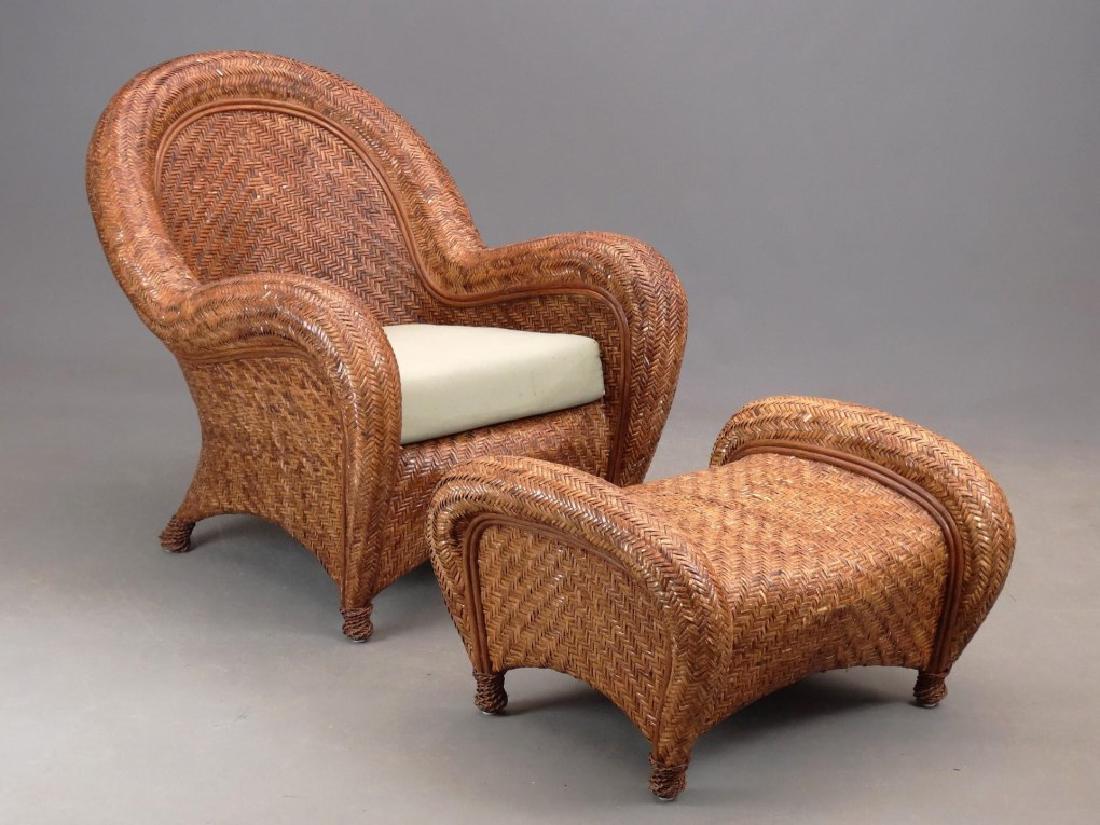 Rattan Chair & Ottoman: Rattan chair and ottoman. Chair 12" seat Ht., 35" overall Ht..