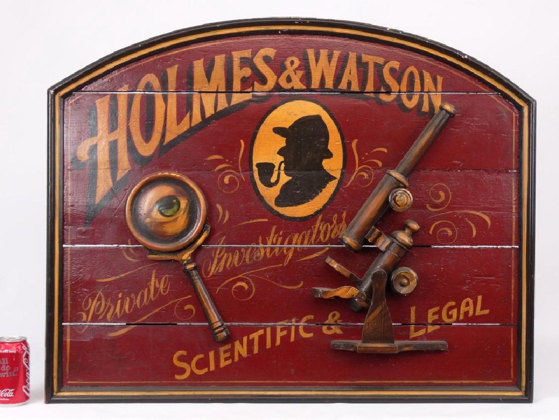 Trade Sign: Polychrome painted wooden trade sign "Holmes & Watson...". 37" x 28".