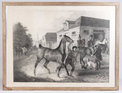 After Franz Kruger (1797-1857): After Franz Kruger (1797-1857), Military Horse Stable In Village, lithograph by Muller, Germany, mid 19th century. Sight 19 3/4" x 24 1/2".