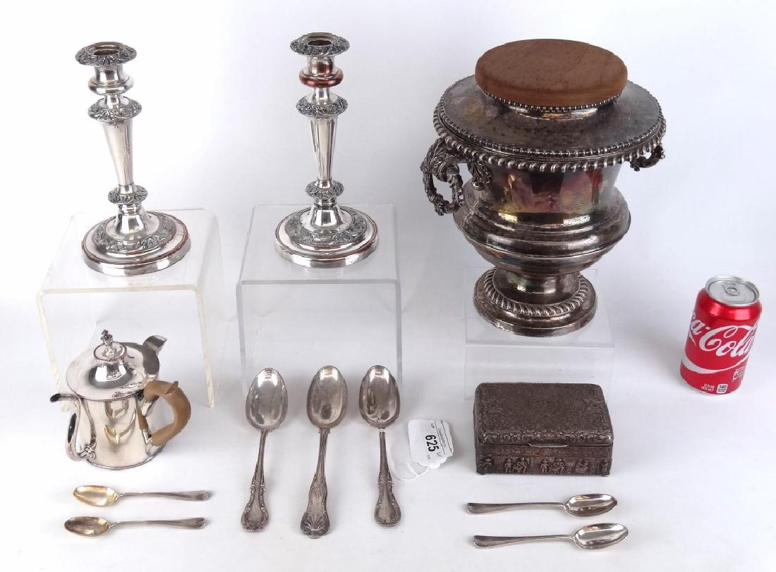 Misc. Lot: Misc. lot including pair of silverplate candlesticks, wine cooler, (3) spoons and embossed box.