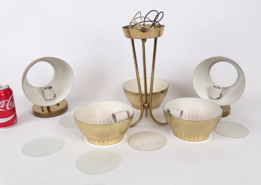 C. 1950's Chandelier: C. 1950's brass chandelier with matching pair of sconces. Both with Lightolier labels.